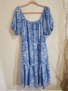 Blue Tile-Print Midi Dress with Puff Sleeves